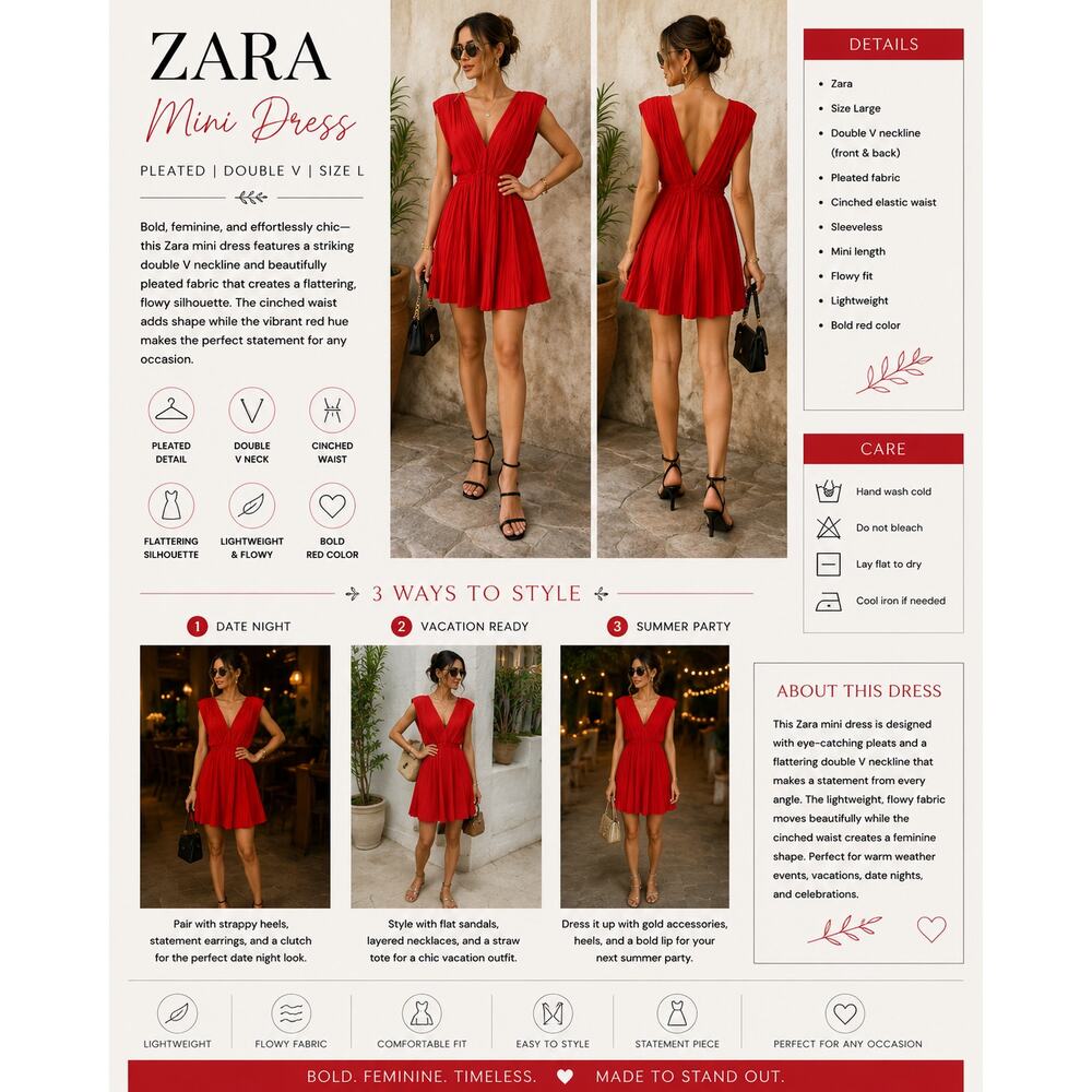 Zara Mini Dress Red Pleated Double V Neck Sleeveless Flowy Party SZ L
